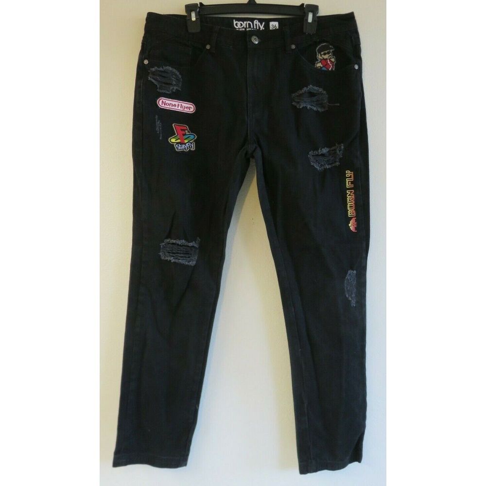 BORN FLY Distressed 8 Bit Video Game Black Dark Wash‎ Jeans Mens Size 36x32
